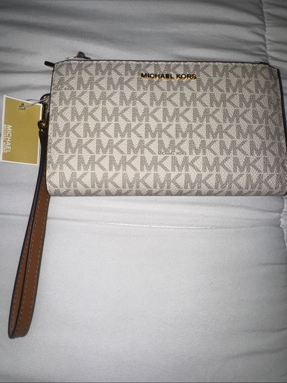 Michael Kors Beige Logo-Print Wristlet Clutch with Tan Strap